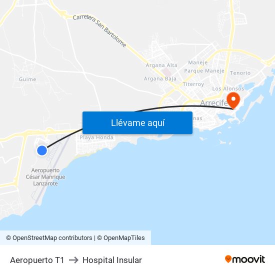 Aeropuerto T1 to Hospital Insular map