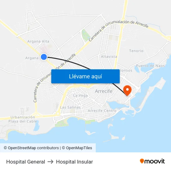 Hospital General to Hospital Insular map