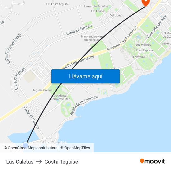 Las Caletas to Costa Teguise map