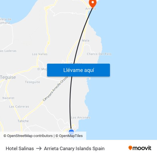 Hotel Salinas to Arrieta Canary Islands Spain map