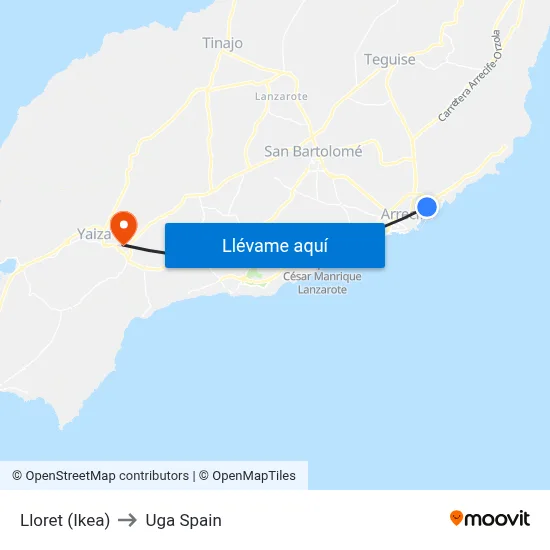 Lloret (Ikea) to Uga Spain map