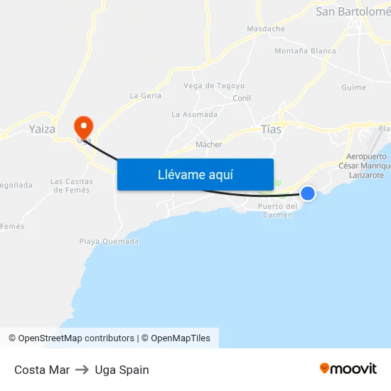 Costa Mar to Uga Spain map