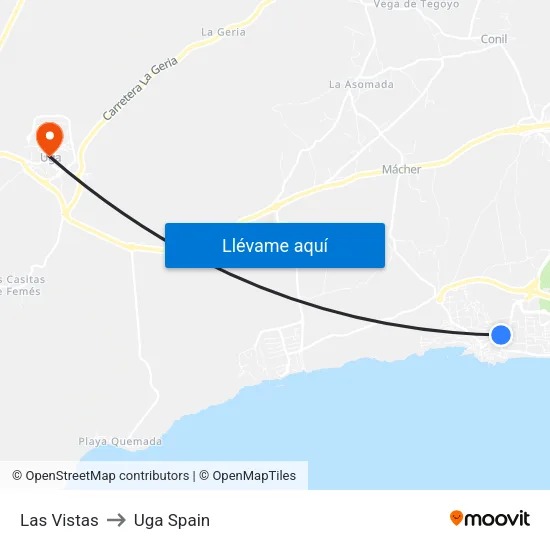 Las Vistas to Uga Spain map