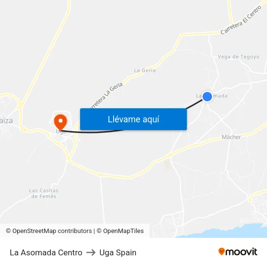 La Asomada Centro to Uga Spain map