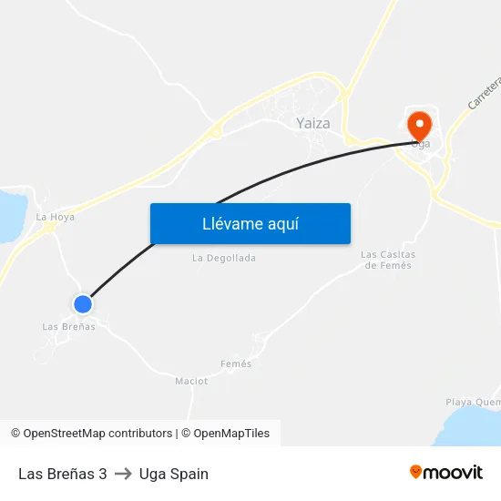 Las Breñas 3 to Uga Spain map