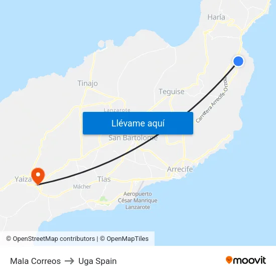 Mala Correos to Uga Spain map