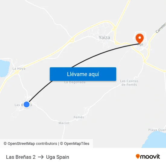 Las Breñas 2 to Uga Spain map
