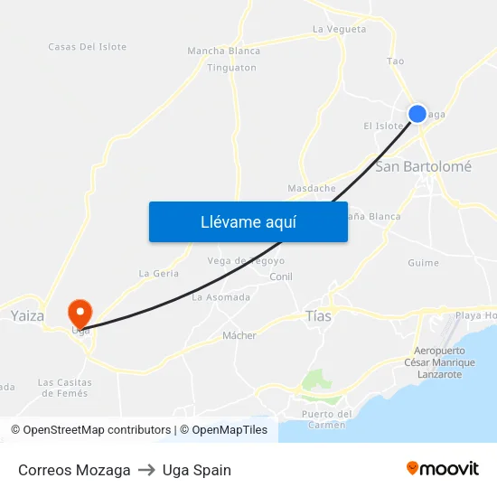 Correos Mozaga to Uga Spain map