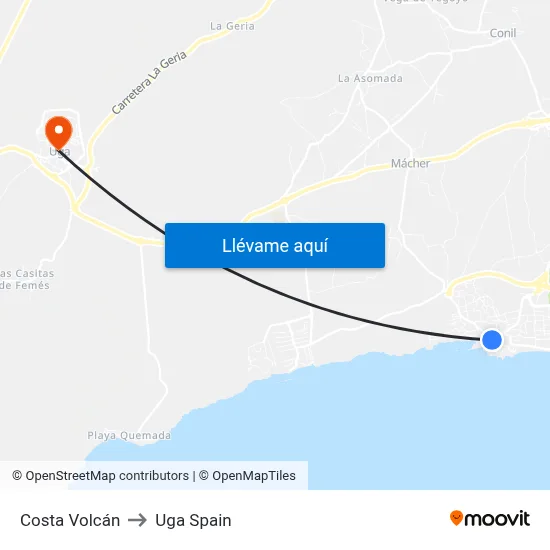 Costa Volcán to Uga Spain map