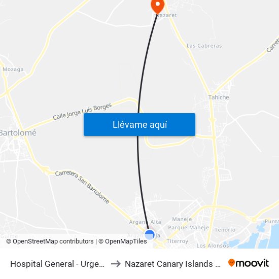 Hospital General - Urgencias to Nazaret Canary Islands Spain map