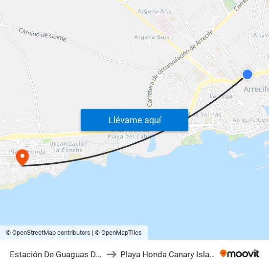 Estación De Guaguas De Arrecife to Playa Honda Canary Islands Spain map