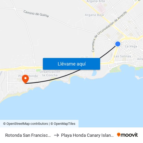 Rotonda San Francisco Javier to Playa Honda Canary Islands Spain map