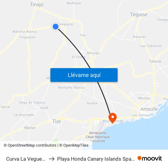 Curva La Vegueta to Playa Honda Canary Islands Spain map