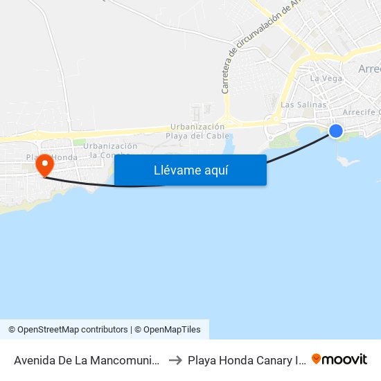 Avenida De La Mancomunidad - Gran Hotel to Playa Honda Canary Islands Spain map