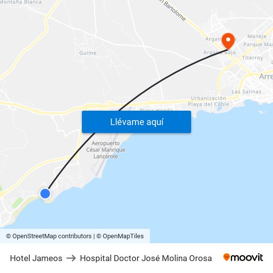 Hotel Jameos to Hospital Doctor José Molina Orosa map