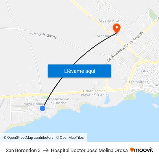 San Borondon 3 to Hospital Doctor José Molina Orosa map