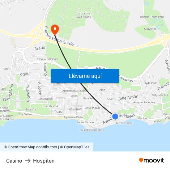 Casino to Hospiten map