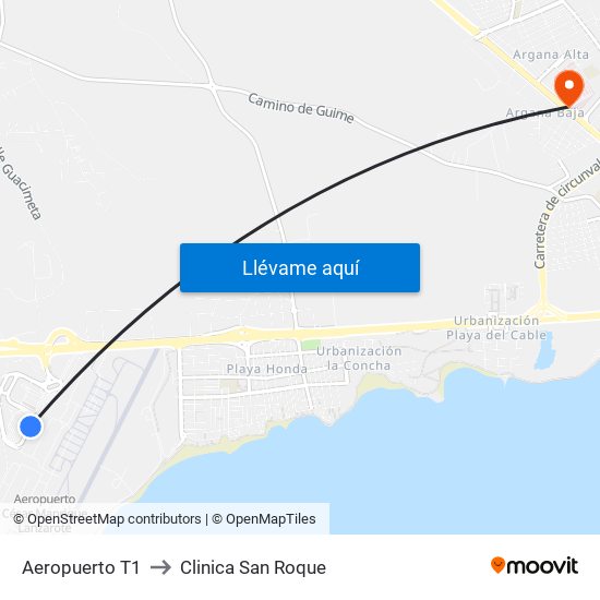 Aeropuerto T1 to Clinica San Roque map