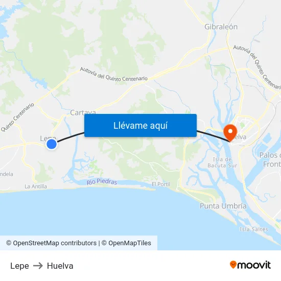 Lepe to Huelva map