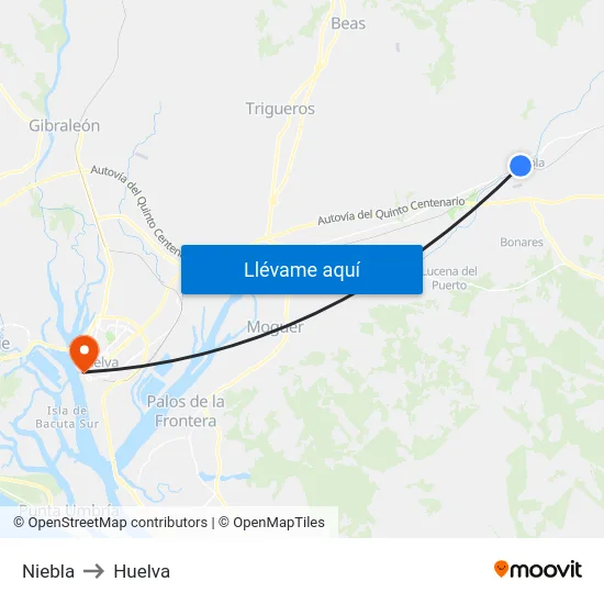 Niebla to Huelva map