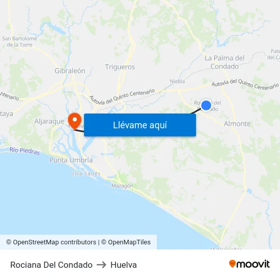 Rociana Del Condado to Huelva map