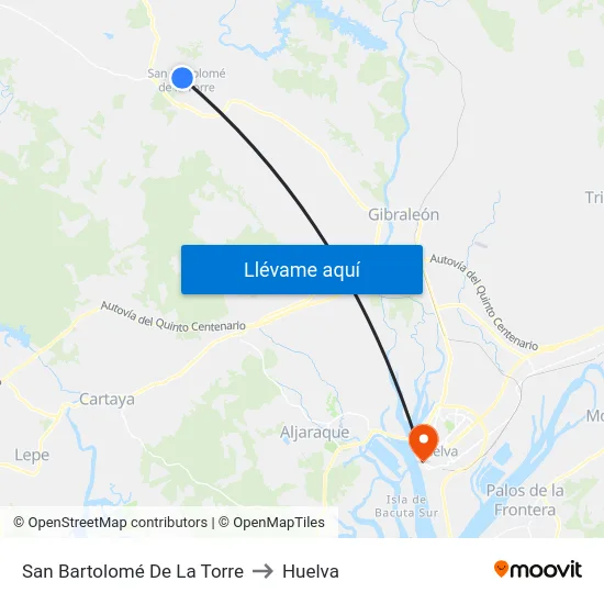 San Bartolomé De La Torre to Huelva map
