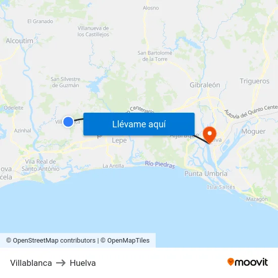 Villablanca to Huelva map