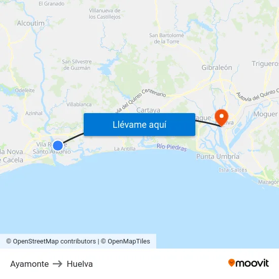 Ayamonte to Huelva map