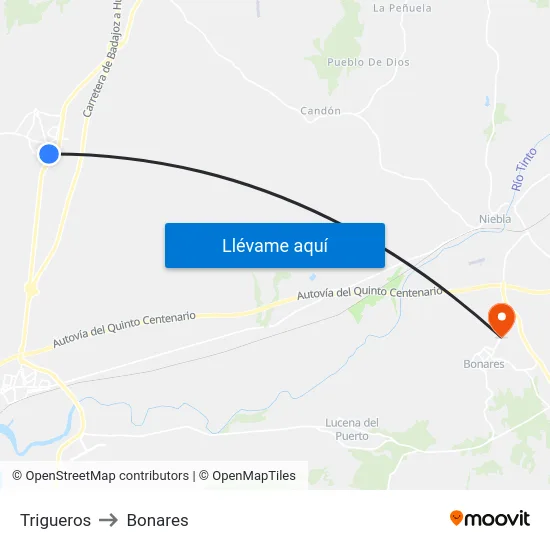 Trigueros to Bonares map