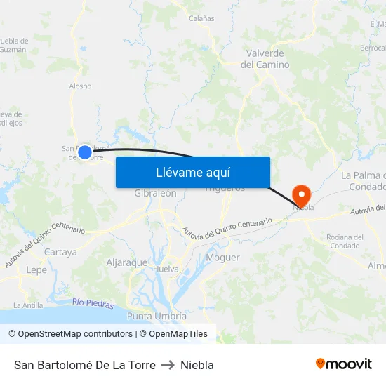 San Bartolomé De La Torre to Niebla map