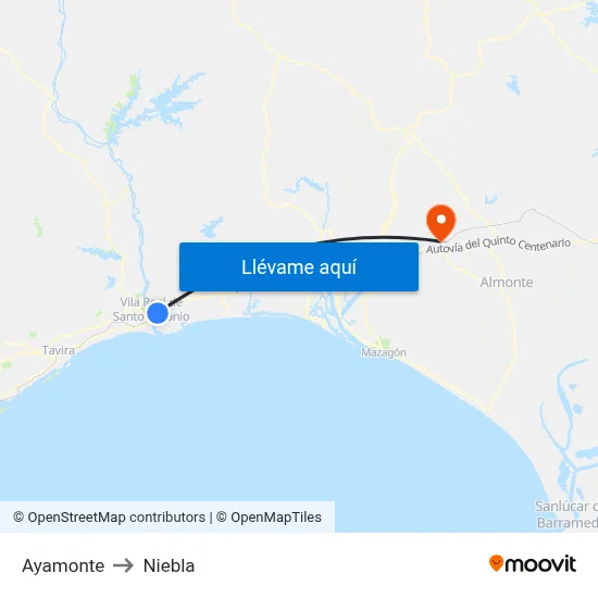 Ayamonte to Niebla map