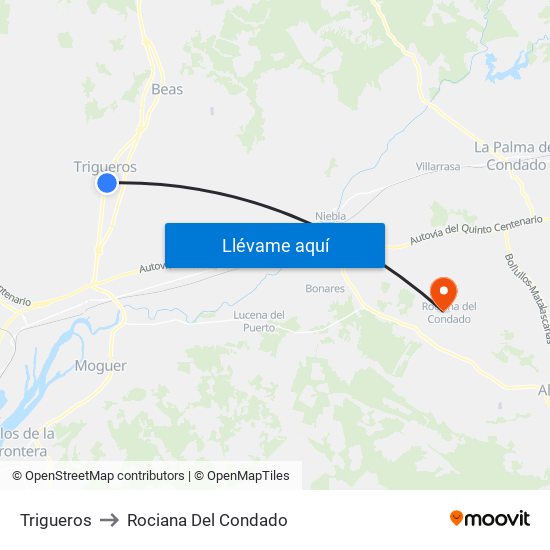 Trigueros to Rociana Del Condado map