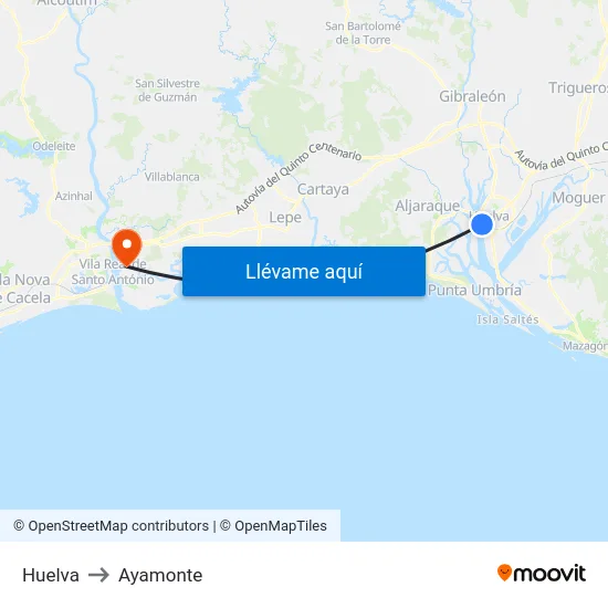 Huelva to Ayamonte map
