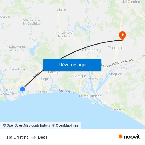 Isla Cristina to Beas map