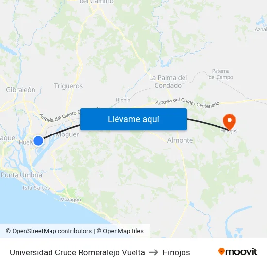 Universidad Cruce Romeralejo Vuelta to Hinojos map