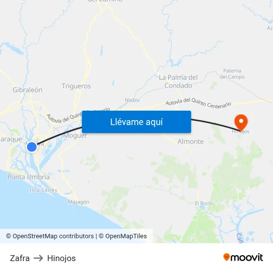 Zafra to Hinojos map
