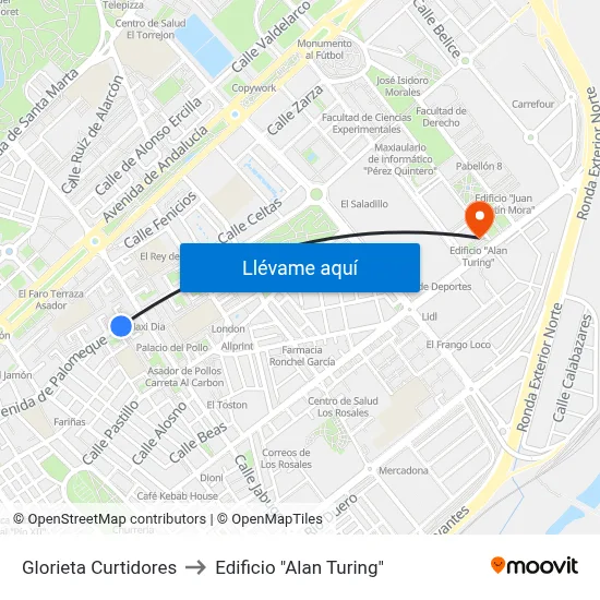 Glorieta Curtidores to Edificio "Alan Turing" map
