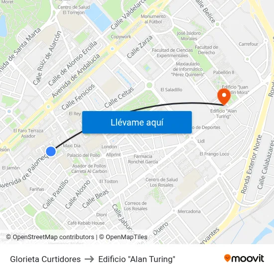 Glorieta Curtidores to Edificio "Alan Turing" map