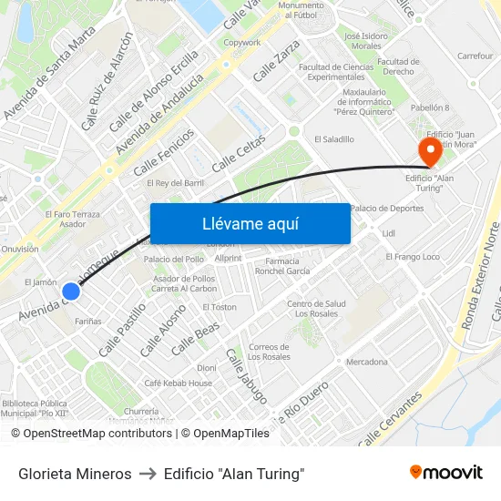 Glorieta Mineros to Edificio "Alan Turing" map
