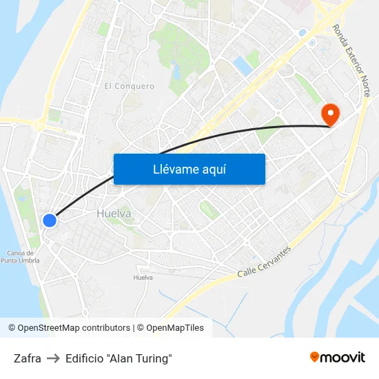 Zafra to Edificio "Alan Turing" map