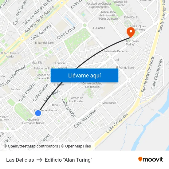 Las Delicias to Edificio "Alan Turing" map