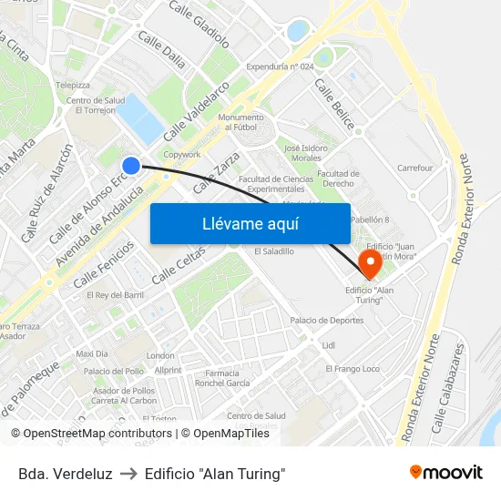 Bda. Verdeluz to Edificio "Alan Turing" map