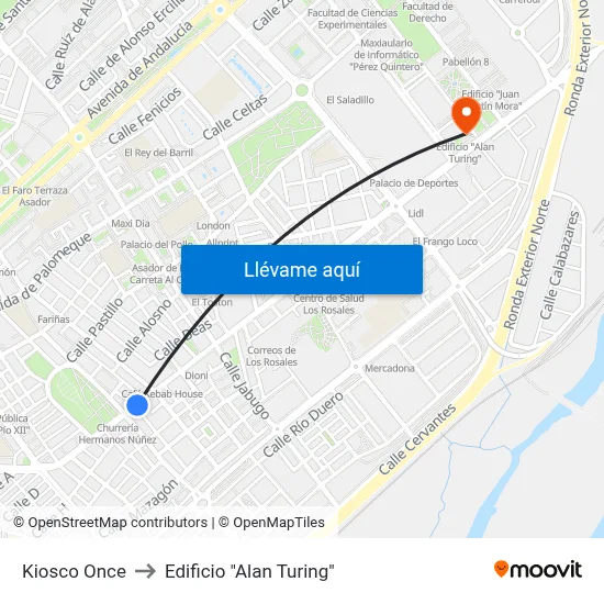 Kiosco Once to Edificio "Alan Turing" map