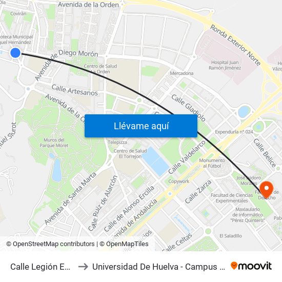 Calle Legión Española to Universidad De Huelva - Campus De El Carmen map