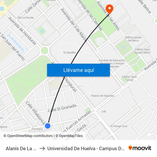 Alanís De La Sierra to Universidad De Huelva - Campus De El Carmen map