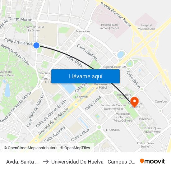 Avda. Santa Marta to Universidad De Huelva - Campus De El Carmen map