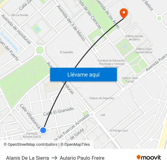 Alanís De La Sierra to Aulario Paulo Freire map