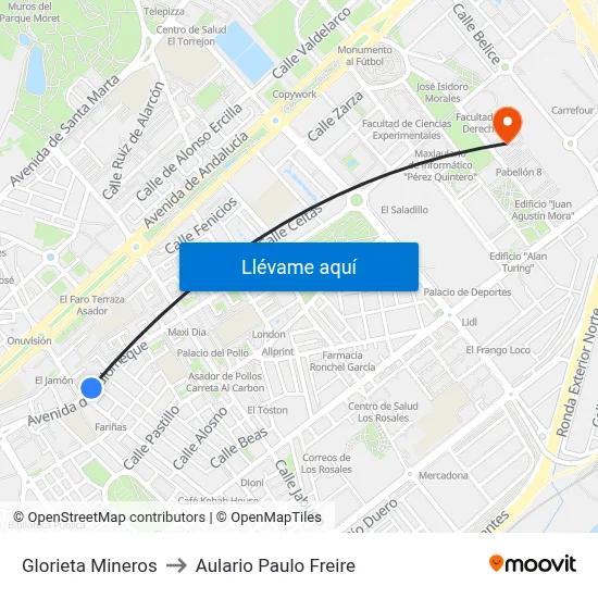 Glorieta Mineros to Aulario Paulo Freire map