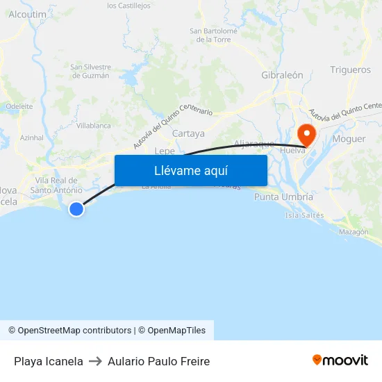 Playa Icanela to Aulario Paulo Freire map