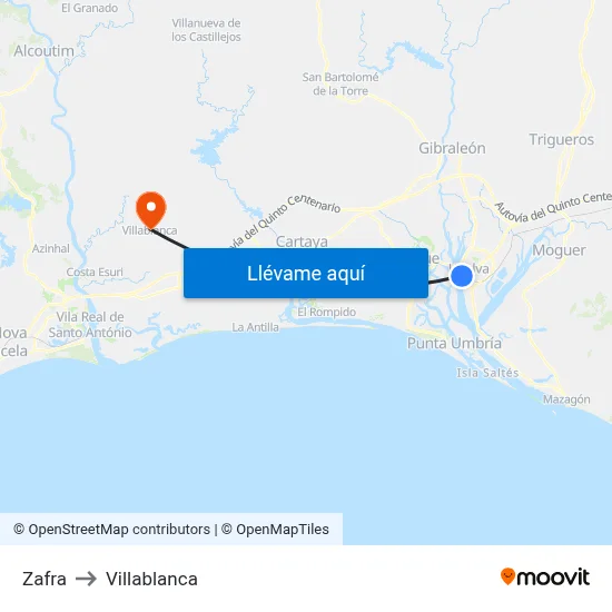 Zafra to Villablanca map
